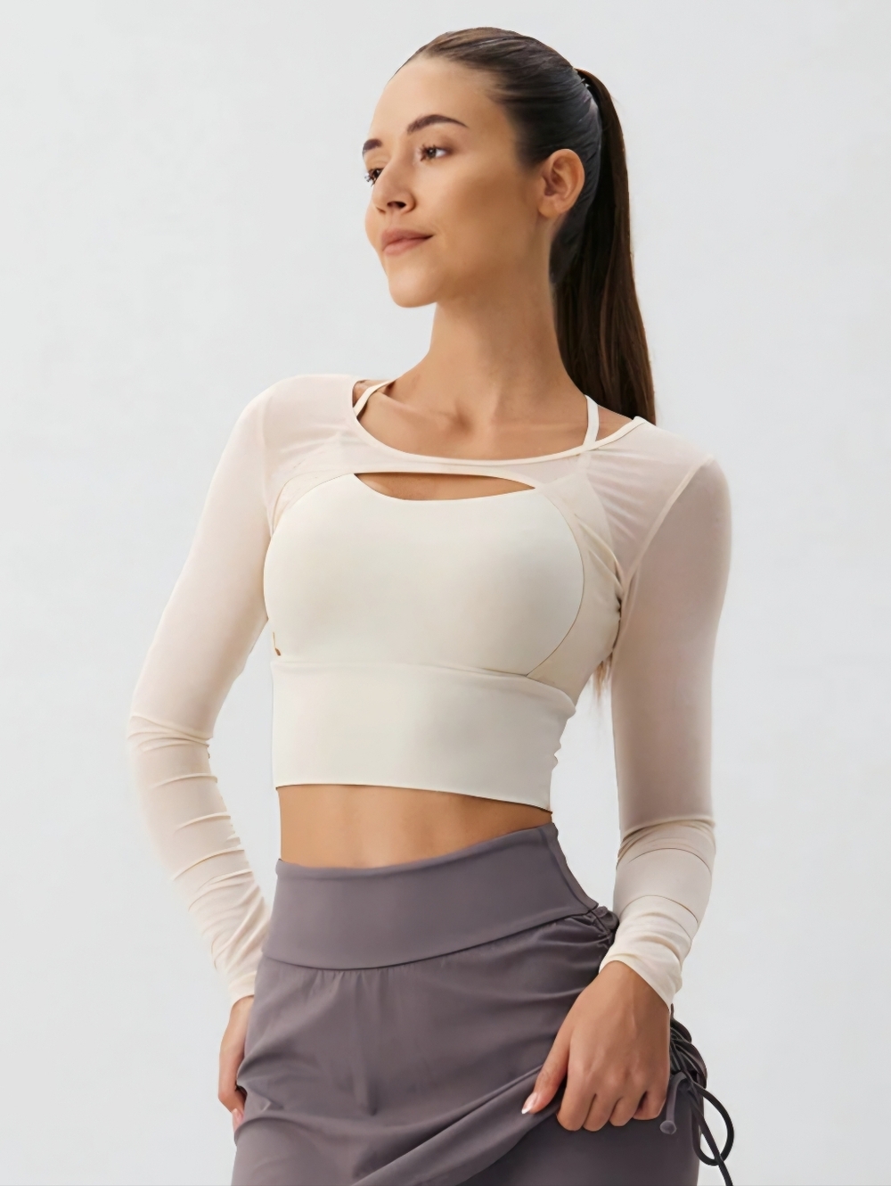 Beige Cut Out Long Sleeve Crop Top - Light Support - Size Small NWT $45 MSRP